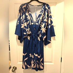 Cupshe Teal/Cream Button Front, Drawstring Cover-up Dress, Sz L, NWT